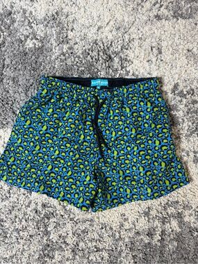 Happy Hour, Men’s Blue & Green Animal Print Leopard Swim Trunks Swimwear, Medium